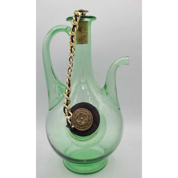 Vintage 1960's Italian Green Glass Decanter w/ Ornate Corks & Ice Chamber 11"H - Picture 1 of 14